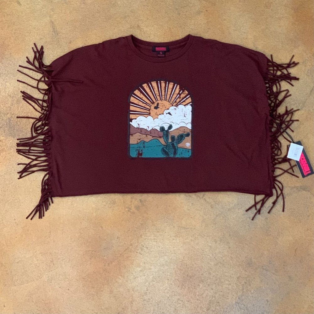 Women's Rock & Roll Women's Burgundy Cactus Desert Sunrise Graphic Fringe